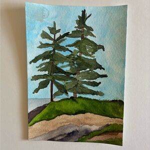 Watercolor Pines Landscape Painting - Green & Blue